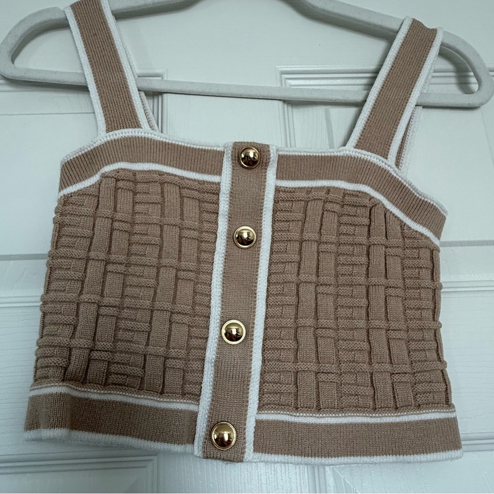 Designer Inspired Knit Crop Top Gold Button Front Taupe Beige White Trim
